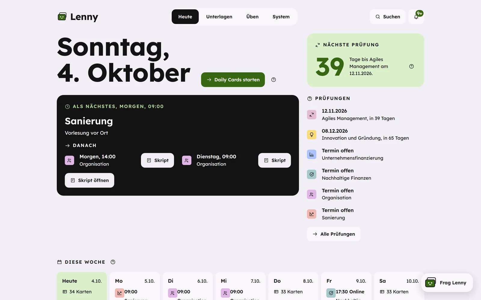 Lenny, Ansicht Heute: das Datum, ein Knopf für die Tageskarten, die nächsten Vorlesungen, ein Countdown bis zur nächsten Prüfung und die Prüfungsliste.