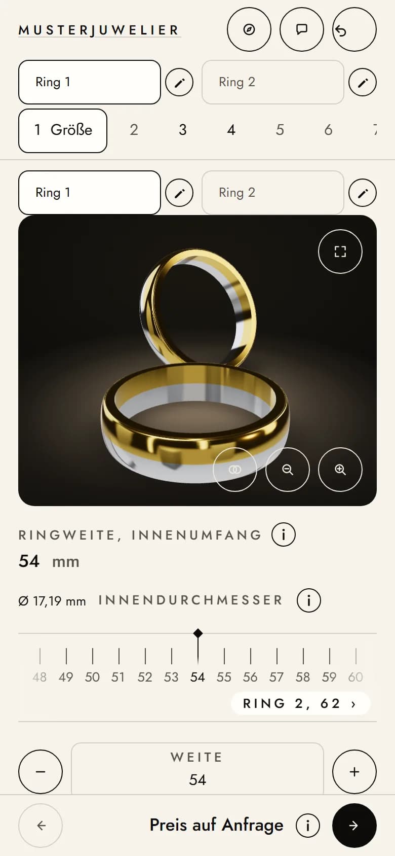 Punzo am Handy: oben das Ringpaar in 3D, darunter die Ringweite 54 auf einer Messskala mit Plus und Minus.